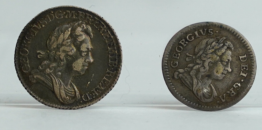 British silver coins, George I, four shilling coins, 1720, good fine, 1721/0, good fine, two 1723, SSC in angles, both fine/good fine, a sixpence 1723, SSC in angles, about VF, and a fourpence 1723, creased otherwise goo